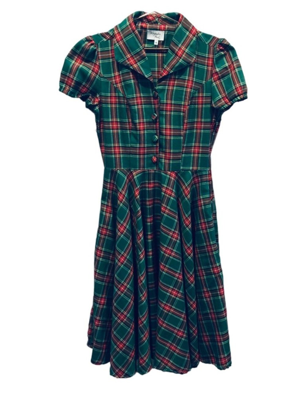 MAGNOLIA PARK Ladies Size S Tartan Plaid Holiday Colors Short Sleeve Flare Dress